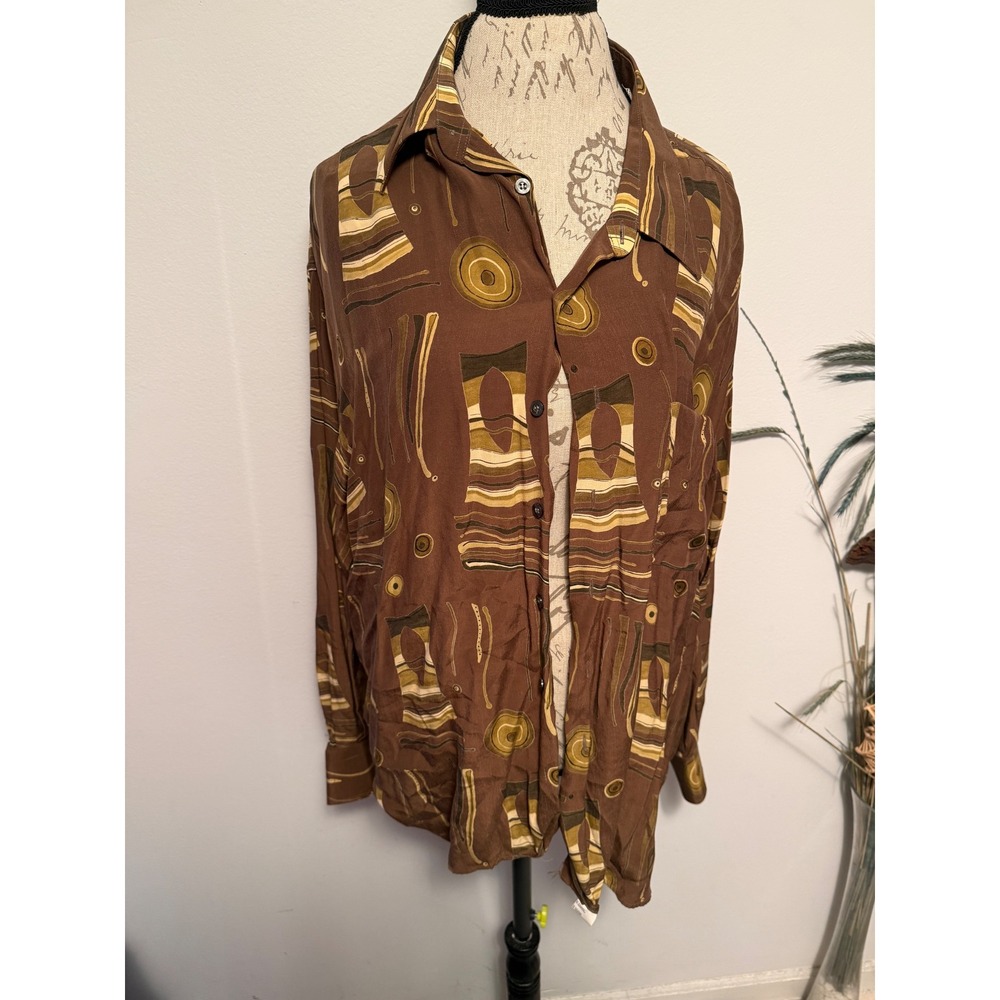 Mirto Mens Abstract Geometric Print Button Down Shirt Brown Cupro Viscose 46